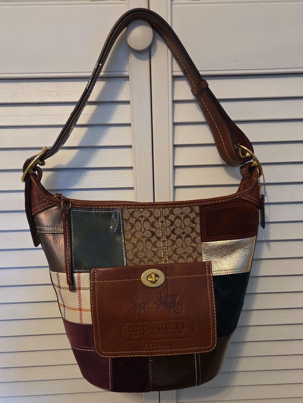 Coach Multi-Color Patchwork Shoulder Bag in Brown, Gold, Green, Burgundy